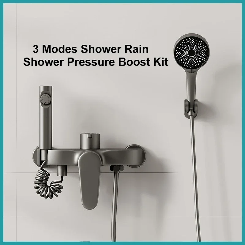 Modern Bathroom Shower Booster Faucet Set 3 Modes Showerhead Set Household Shower Room Copper Hidden Installation Mixing Valve