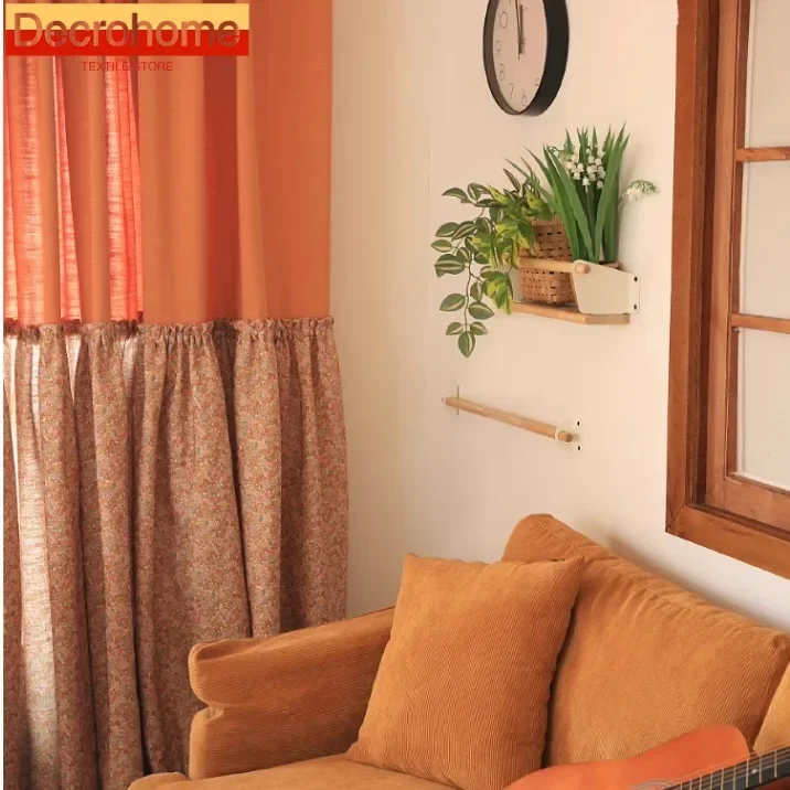 

Японские шторы с оранжевым принтом из хлопка и льна с лоскутными вставками для гостиной, спальни, французского окна, балконного окна, на заказ