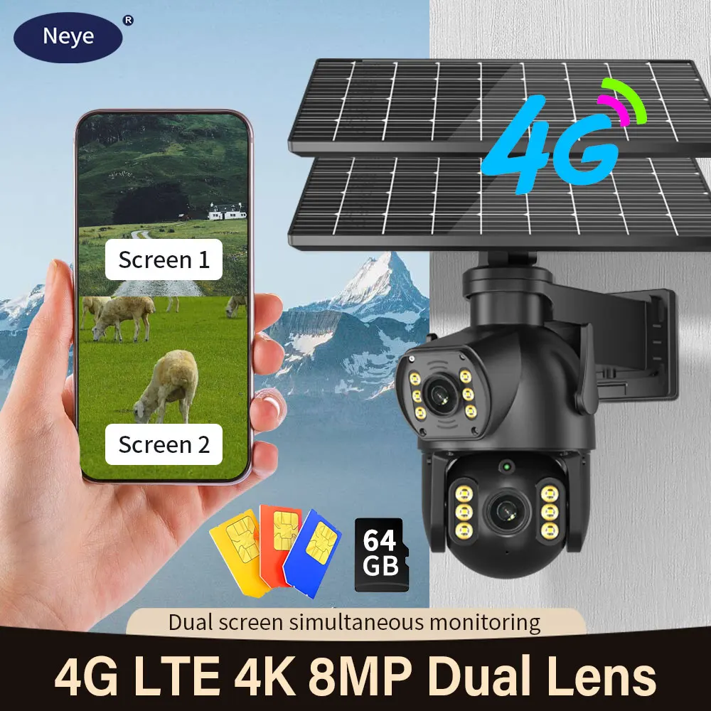 

Neye 8MP 4G Solar Camera 4K Dual Lens Dual Screen Outdoor Camera PIR Human Detection Built-In Battery With Solar Panel Security