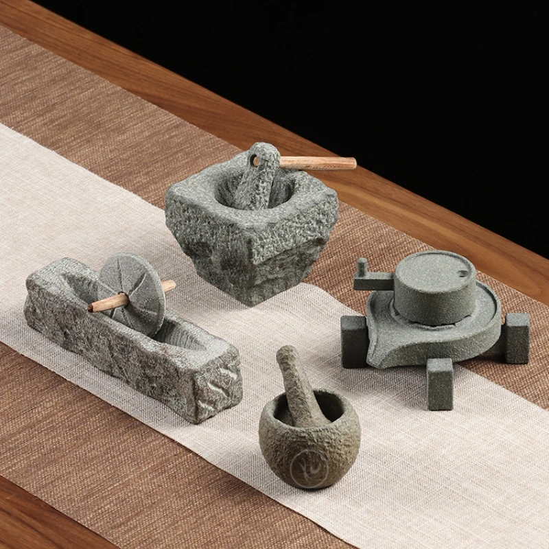 Creative Retro Stone Mill Small Stone Mortar Bluestone Mill Tea Ornaments Bluestone Decoration Tea Set Tea Ornaments Tea Set