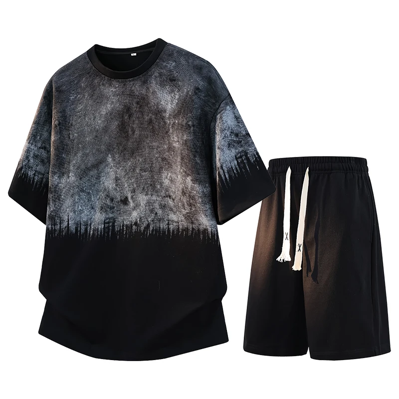 

M-8XL Tracksuit Men Casual Short Sleeve T-Shirt And Five-Quarter Shorts Sets Men's Summer 2026 Polyester Fiber Youth Sportswear