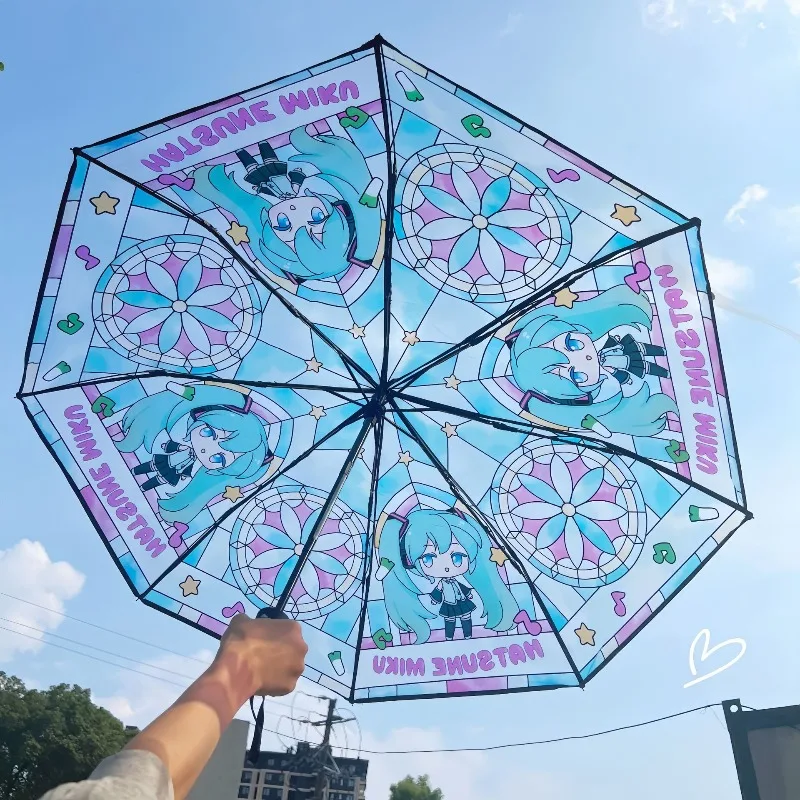 

Hatsune Miku Premium Miku Gradient Teal Stained-Glass Print Clear Umbrella Auto Open Close Foldable Painterly Umbrella Otaku