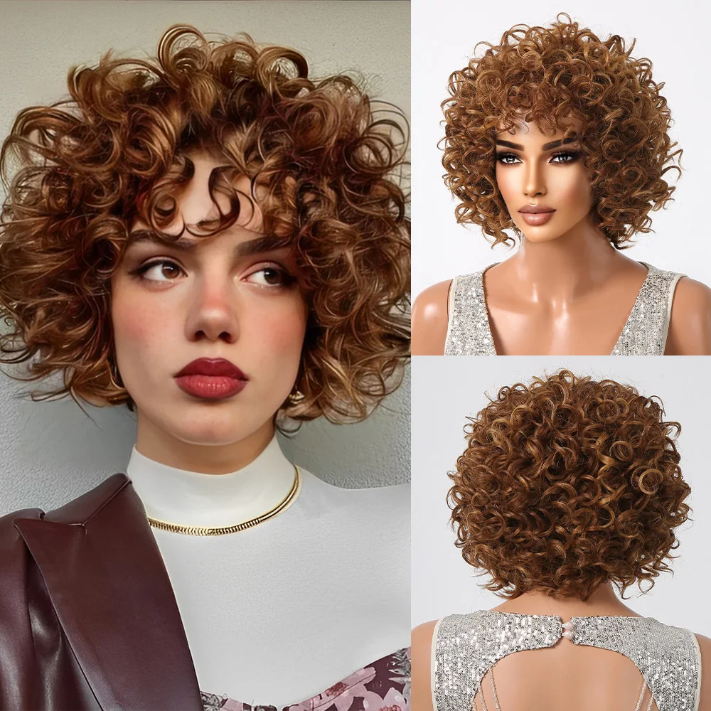 Braun blondes lockiges haar synthetische perücken für frauen kurze kinky lockige haare afro perücken ohne gelloses cosplay haar