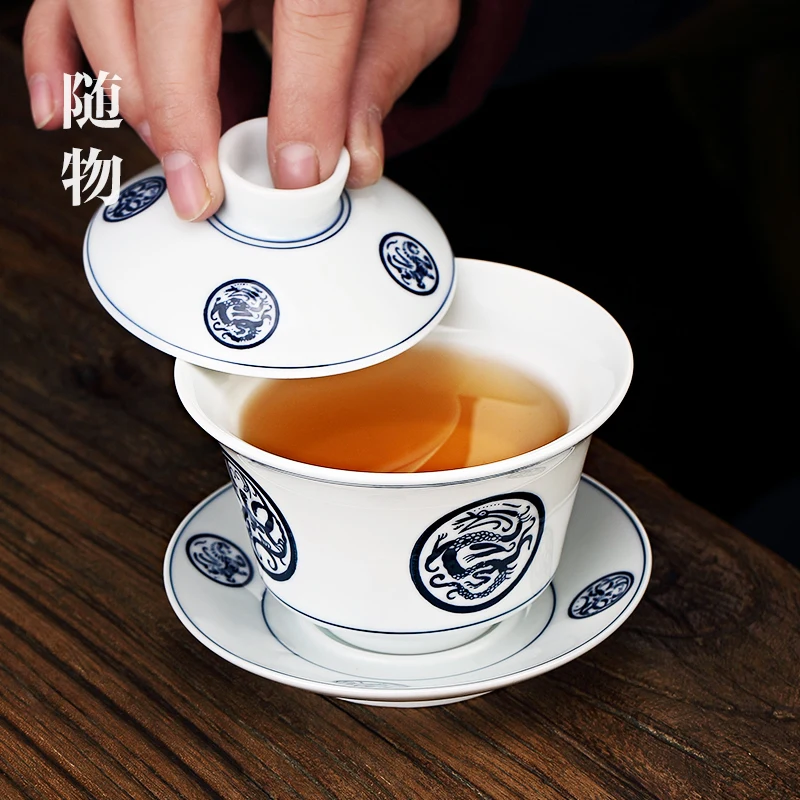 White Porcelain Jingdezhen Sancai Making, Single Large, Not Hot, Hand Covered Bowl, Cup, Kung Fu Tea