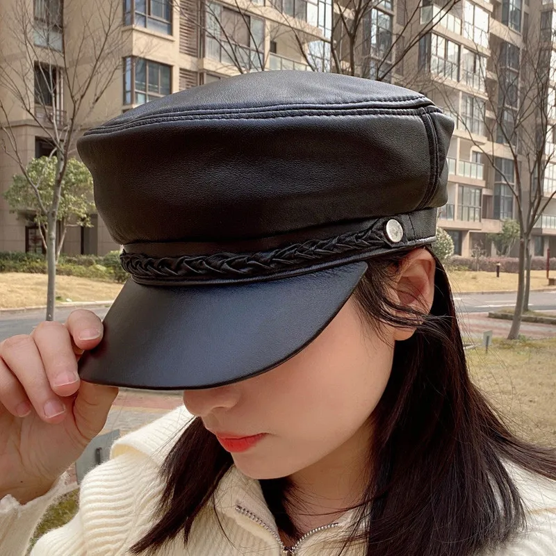 Quality Genuine Leather Women Military Hat Winter Go Shopping First Layer Sheepskin Leather Hat Military Hat Women