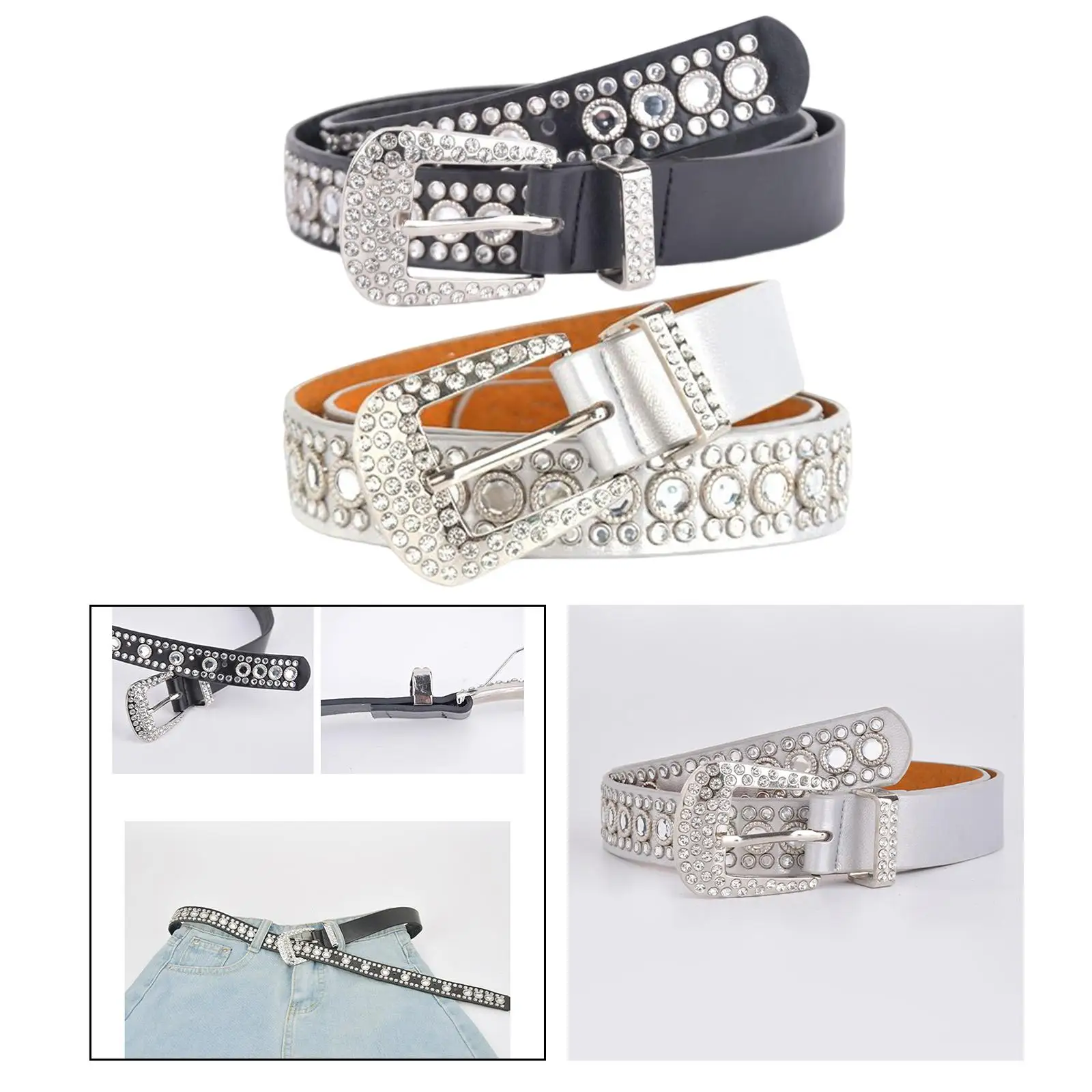 Rhinestones Belt Metal Buckle Crystal Studded Belt Fashion Wide Waist Belt Waist