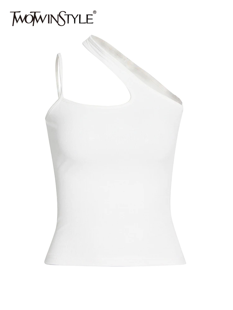 

TWOTWINSTYLE Asymmetrical Collar T Shirt For Women Sleeveless Irregular Solid Minimalist Cut Out T Shirts Female Clothes Fashion