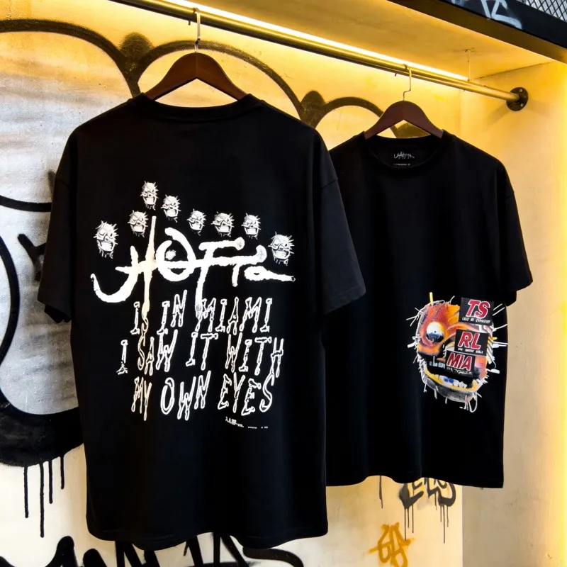 Hiphop Street Graffiti Print Black Utopia T-shirt Summer Casual Tops Cotton Cactus Jack Round Neck Short Sleeve Men Women Outfit