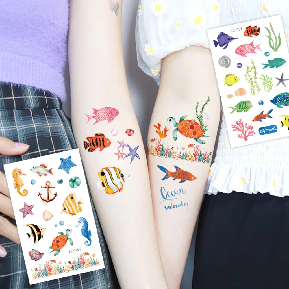 12 Pieces of Ocean Tattoo Stickers with Watercolor Designs of Cartoon Underwater World, Tropical Fish, Whales, and Sea Turtles, Ocean-Themed Birthday Party Favors, Summer Seaside Vacation Decorations, Christmas Gifts
