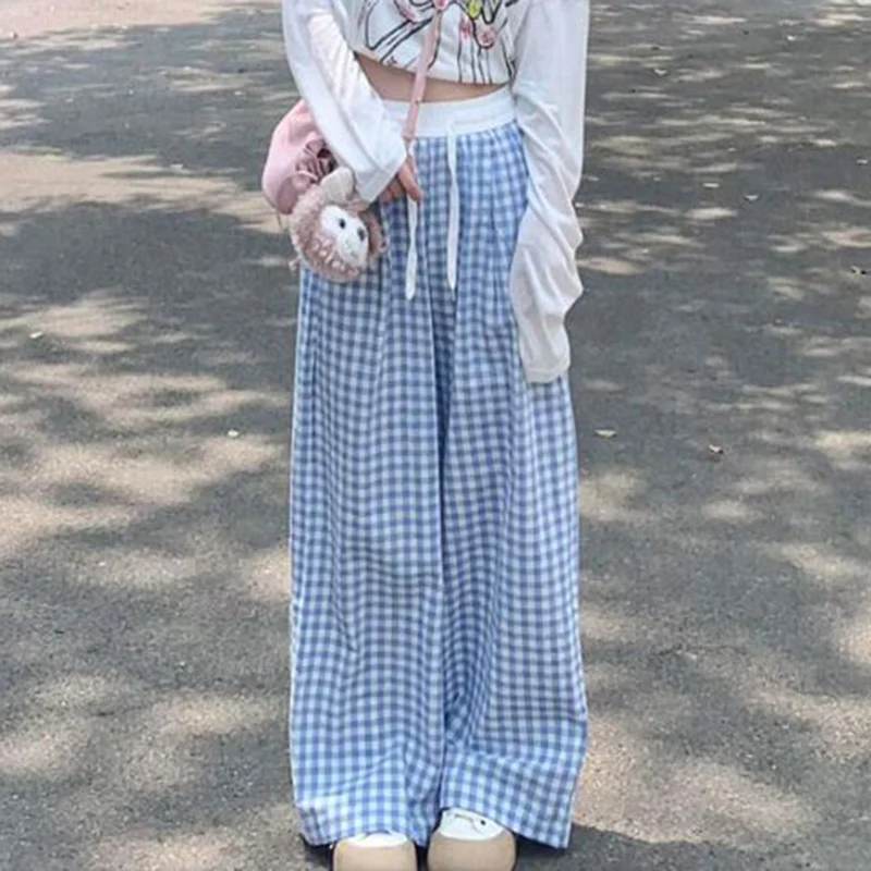 Neue Weibliche Chic Koreanische Baggy Breite Bein Hosen Mädchen Hohe Taille Patchwork Plaid Hosen Heißer Verkauf Dame Mode Casual Hosen