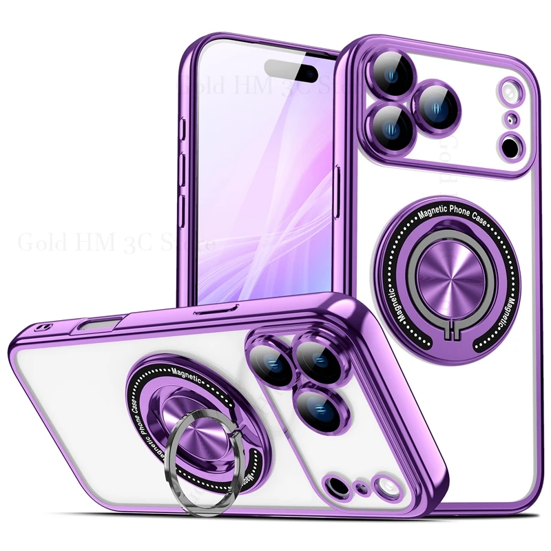 

Plating Transparent Magnetic For Magsafe Kickstand Case For iPhone 17 15 16 Pro Max 14 13 Pro Lens Protection Holder Stand Cover