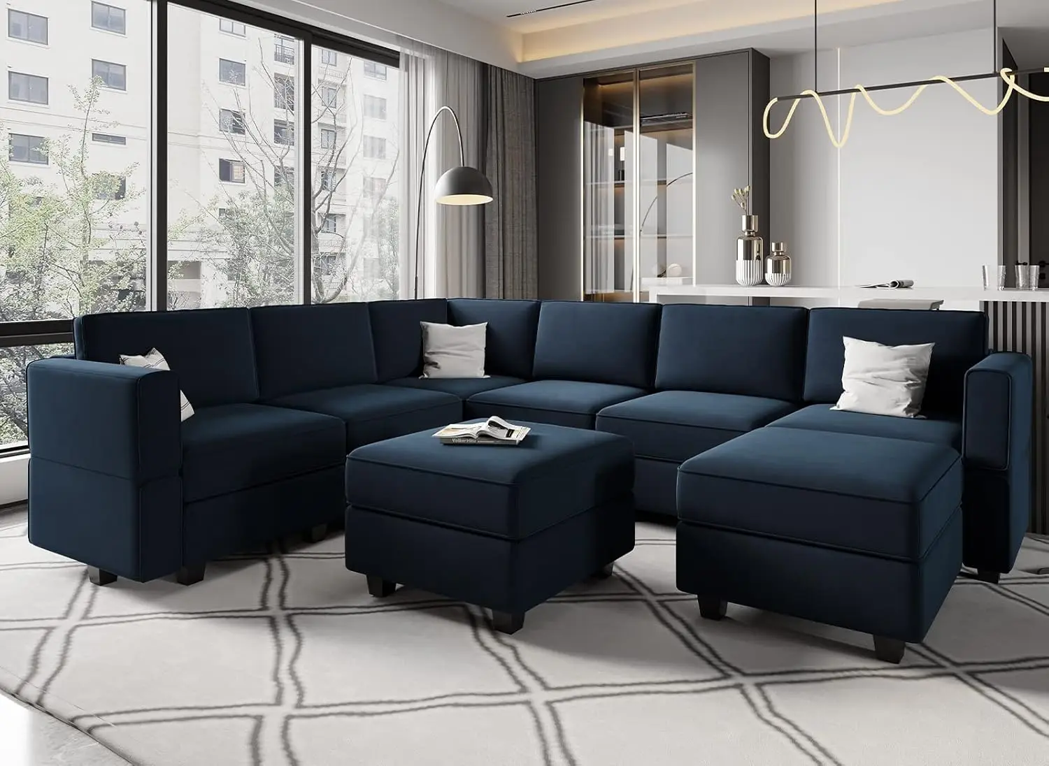 Modular Velvet Sectional Sofa with Storage Seat Oversized U Shaped Couch with Reversible Chaise Sofa Set Blue