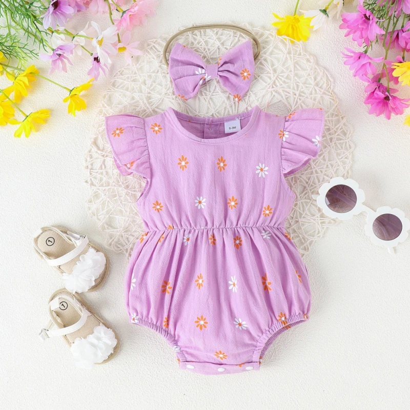 

Cute Floral Short Sleeves Bodysuits with Headband for Baby Girls Summer Casual Home Beach Cotton Soft Jumpsuits for Toddlers