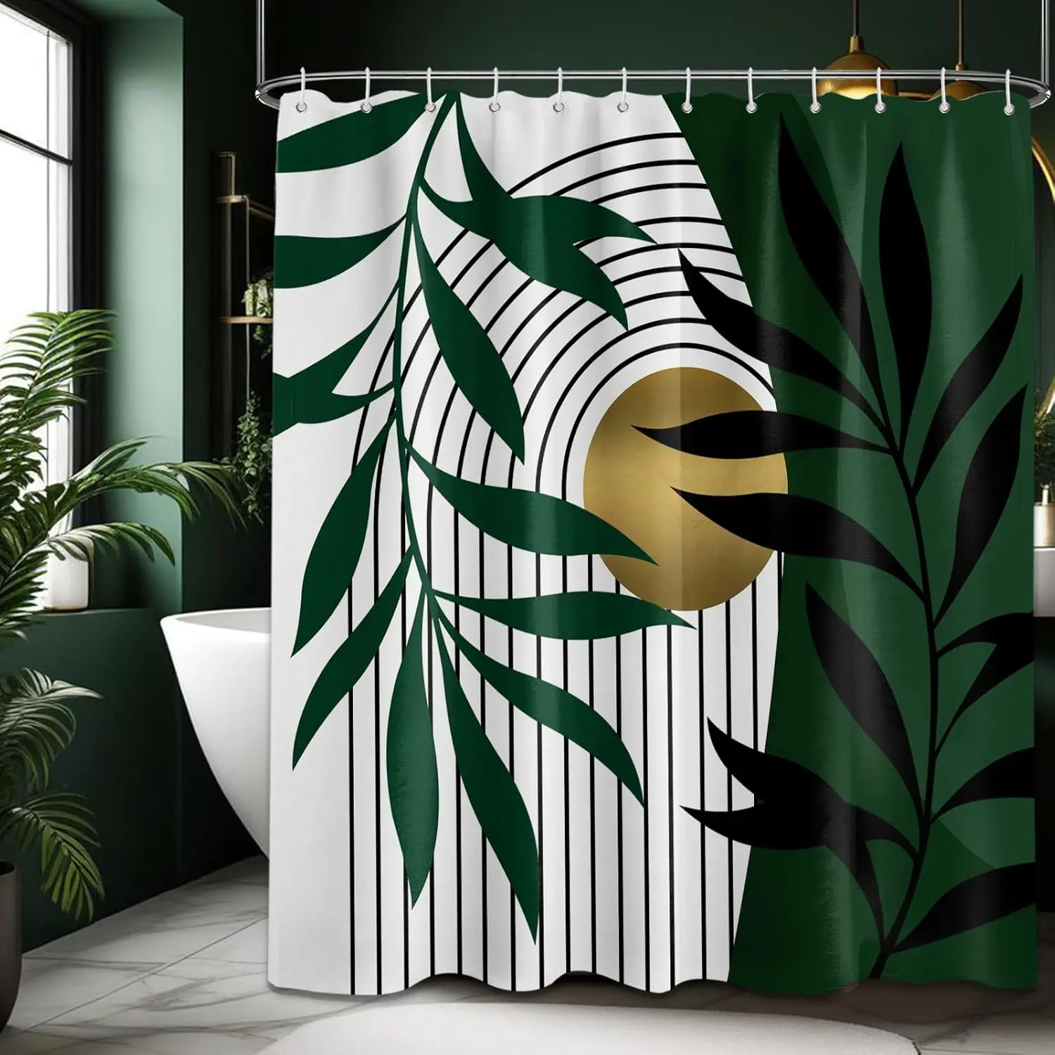 

Оливково-зеленая и золотая занавеска для душа, современные занавески для душа середины века в стиле бохо для декора ванной комнаты, водонепроницаемая ткань