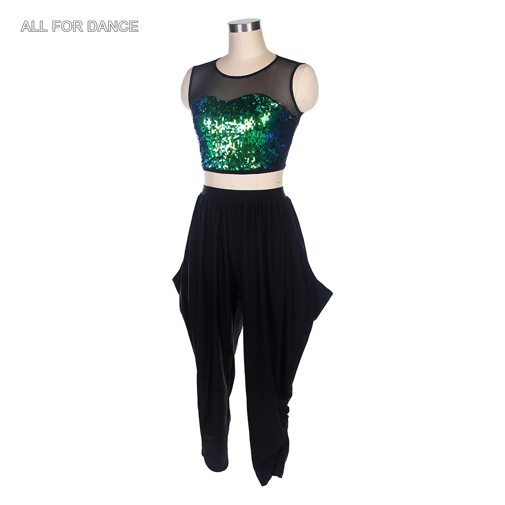 18037 Strój do tańca jazzowego, tap i hip hop dla dorosłych dziewcząt, zielony top z cekinami i siateczki z czarnymi długimi spodniami, kostiumy sceniczne