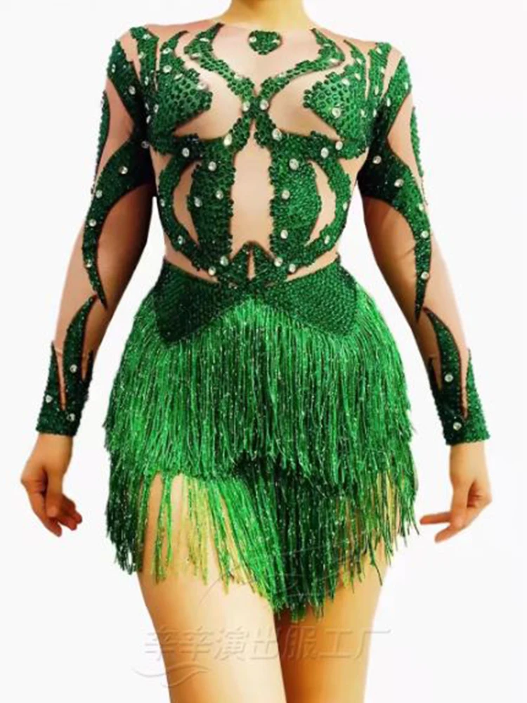 High Quality Tassel Hot Drill Elastic High Fork Green Jumpsuit 2024 New Fashion Custom Women'S Clothing