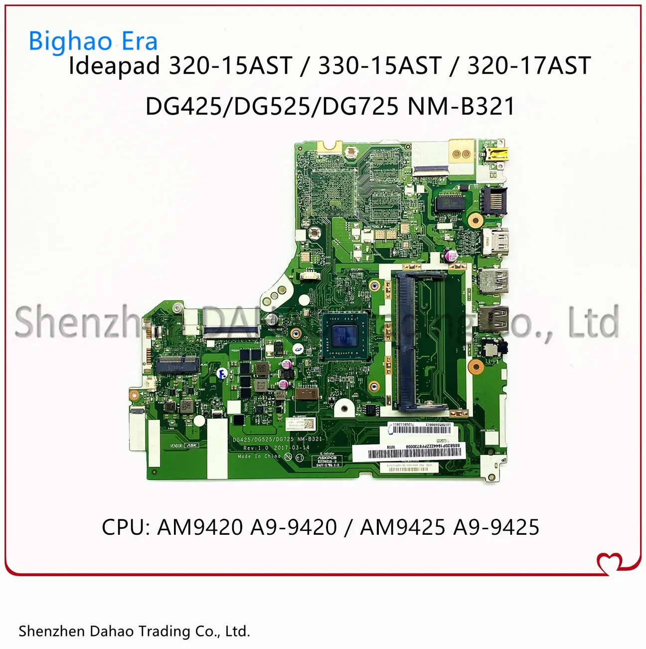 FUR:5B20P19430 For Lenovo Ideapad 320-15AST 320-17AST 330-15AST Laptop Motherboard With A9-9420/9425 CPU DDR4 100% Fully Test