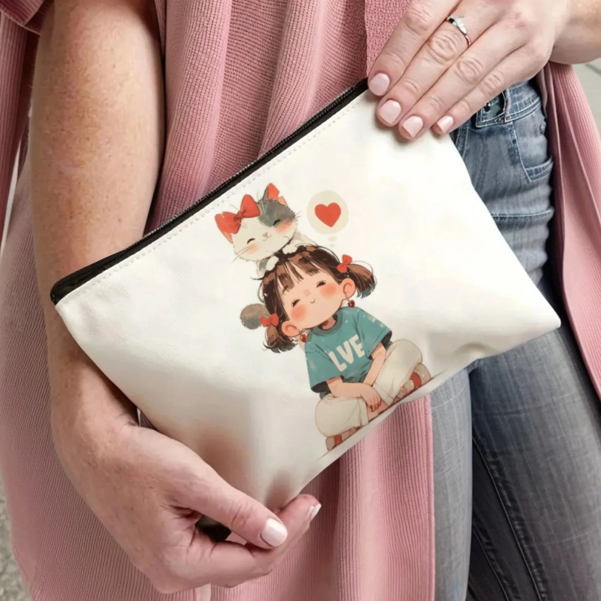 

Косметичка с цветочным котом и девочкой, легкий портативный косметичка с застежкой-молнией, идеально подходящий для подарков на день рождения, органайзер для путешествий