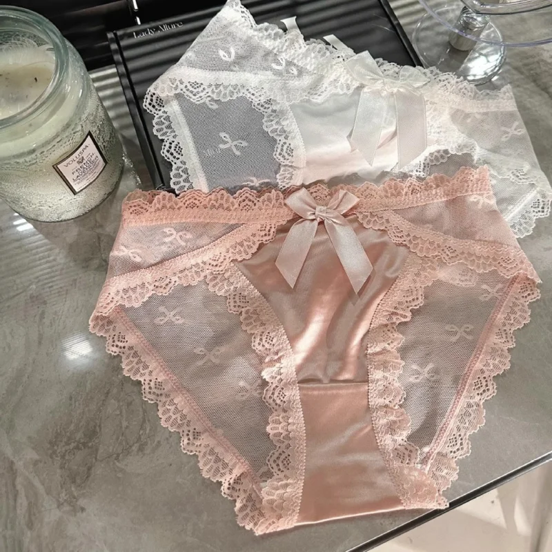 

Comfortable And Sweet Satin Lace Underwear For Girls, Butterfly Bow Breathable Mesh Women'S Triangle Pants