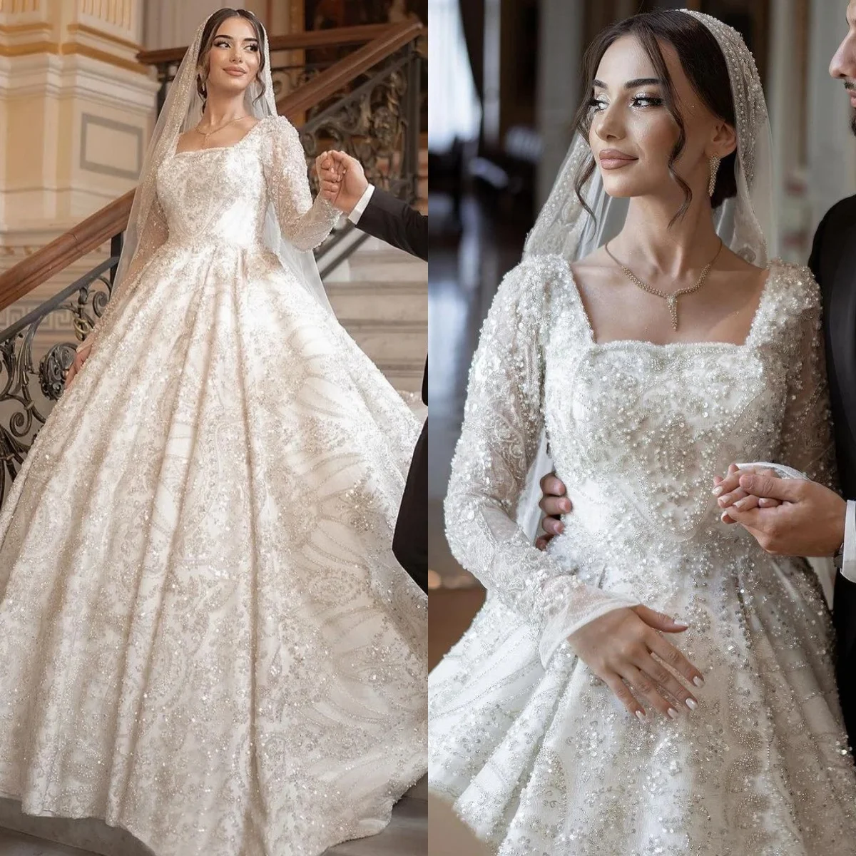 Luxury Beaded Wedding Dress Sequins Square Neck Bridal Ball Gowns Pearls Long Sleeves Customized Vestido de novia