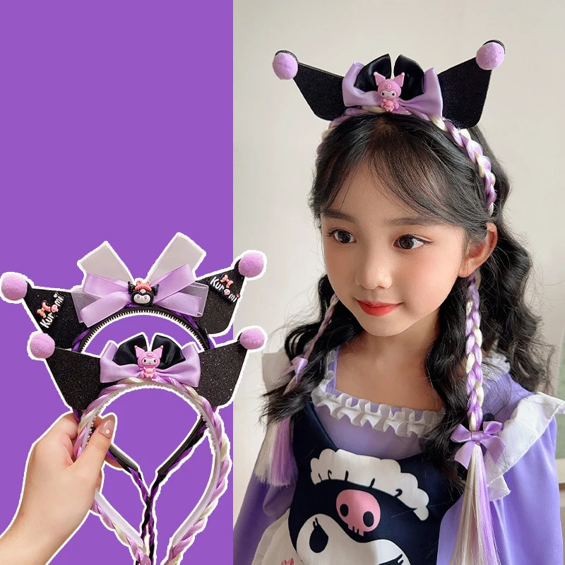 Children Kuromi Headband Girl Sanrio Braided Headband Baby Princess Headband Crown Ribbon Headband Hair Accessories