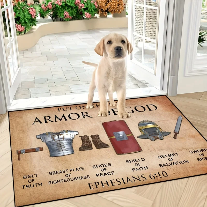 Fun Area Carpet with God Pattern Full Set of Armor Indoor Digital Art Elements Washable Mats Suitable for Living Room Interior