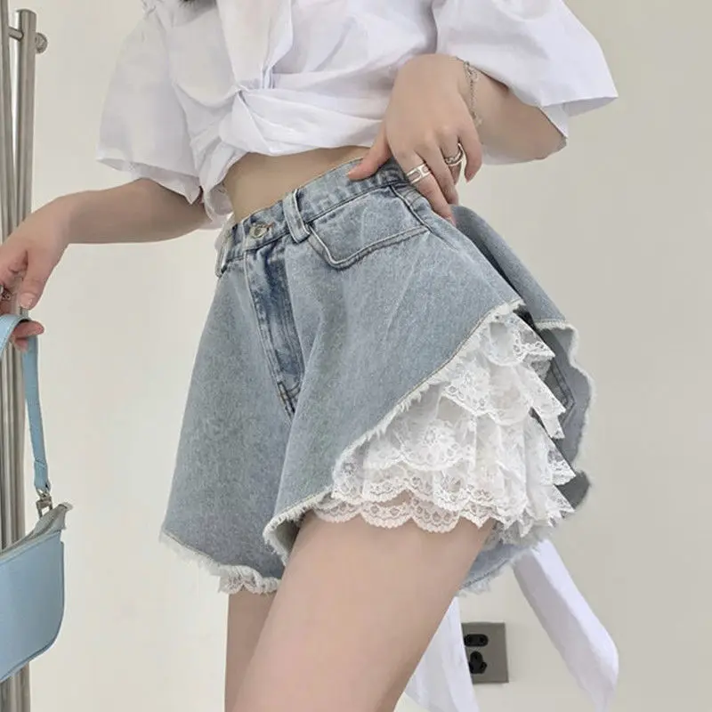 Women Denim Shorts 2022 New Girls Sexy Lace Ruffles High Waist Loose Tassel Jeans Summer Cool Female Denim Booty Shorts