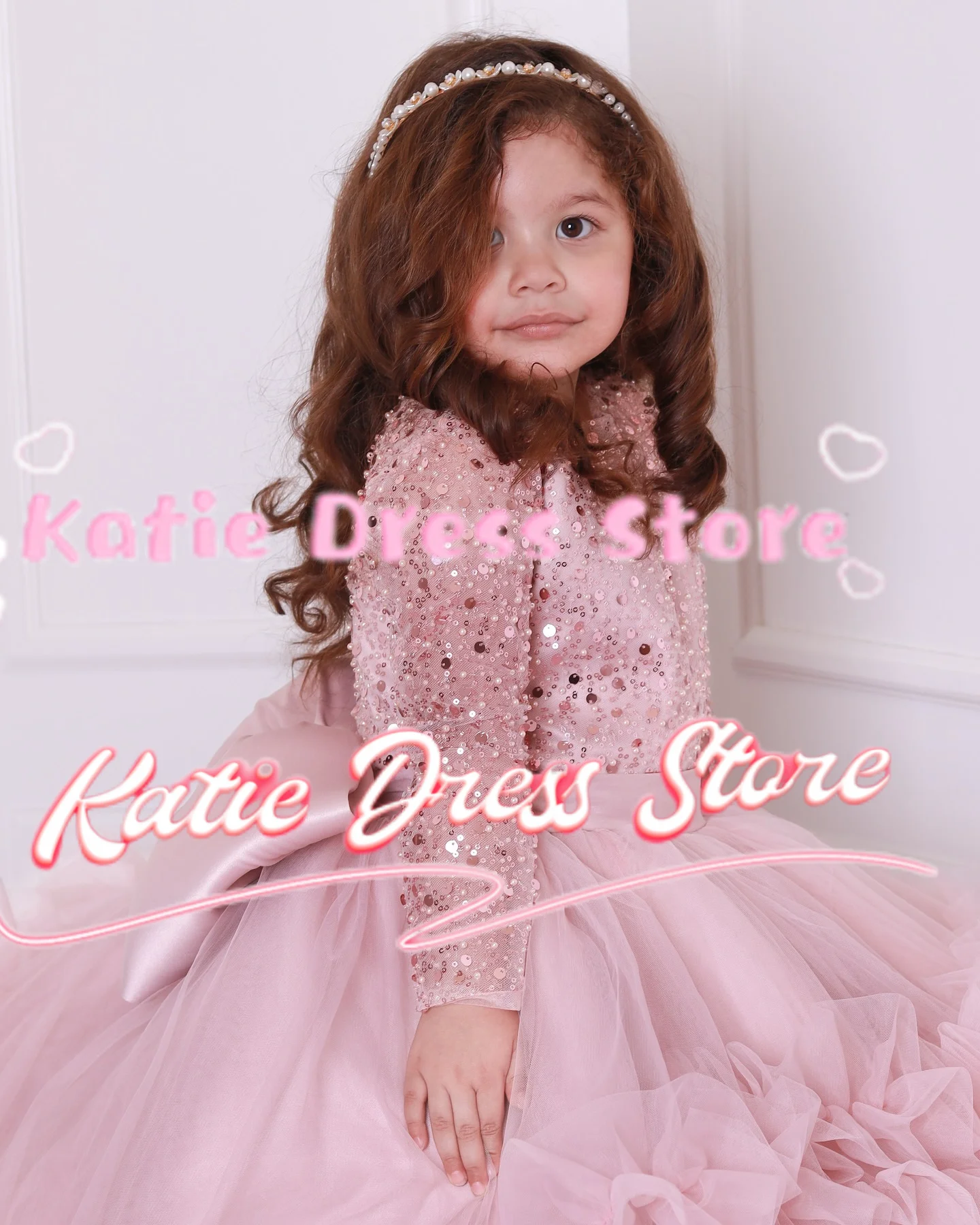 Sparkling Pink Flower Girl Dress For Wedding Tulle Puffy Princess Kids Birthday Party First Communion Ball Gowns Customized