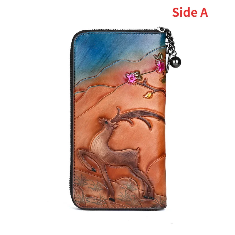 MOTAORA Genuine Leather Long Wallet Women Deer Embossed & Hand-Painted Phone Pocket Purse Vintage Zipper Coin Bag