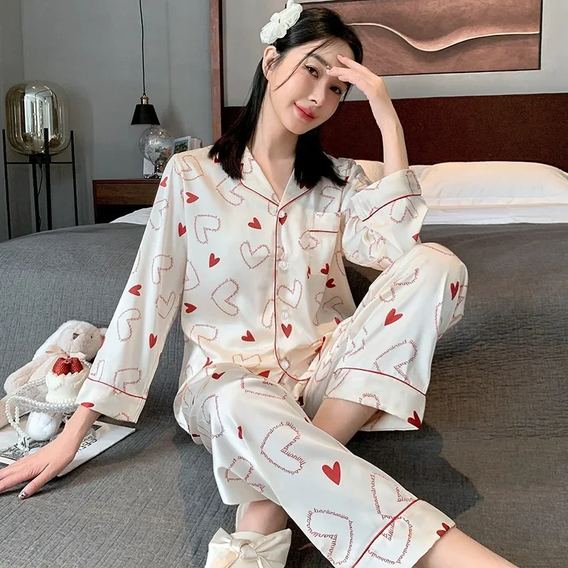 

Women's Pajamas Sets Spring 2 Piece Love Heart Print Pyjama Faux Silk Satin Sleepwear Long Sleeve Pijama Mujer Pjs Homewear