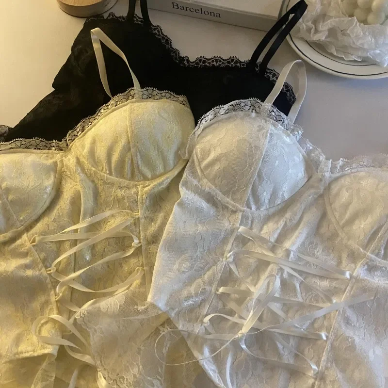 French Style Romantic Bandage Camisole Women Sweet Ladies Casual Crops Mujer Popular Summer Vintage Girl Slim Aesthetic Inside