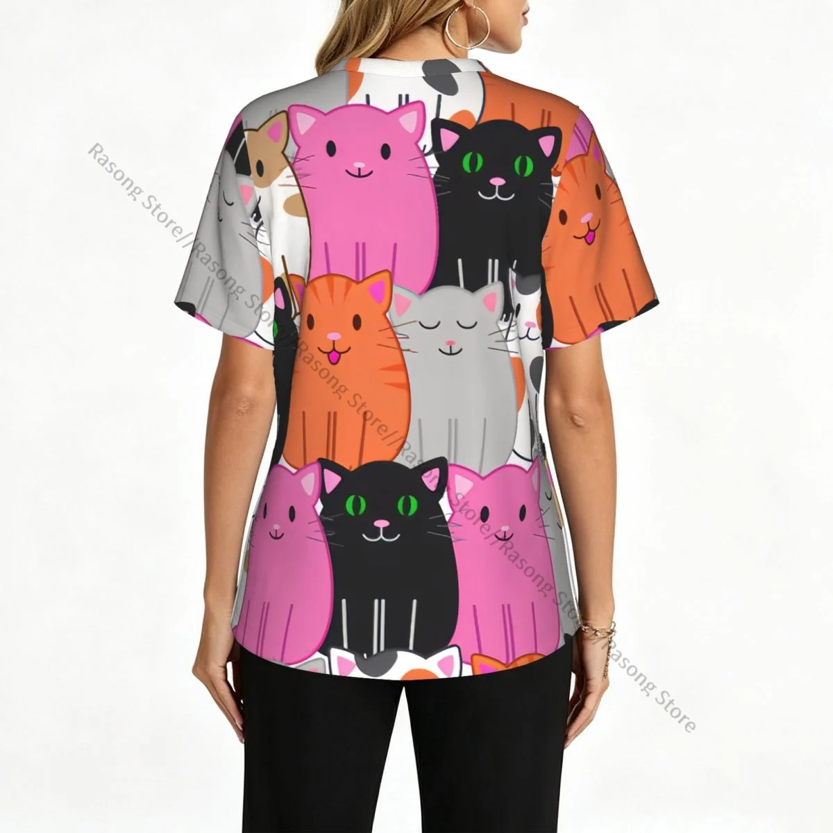 Women Scrubs Blouse Medical Nurse V-neck Clinical Scrubs Top Funny Cartoon Cats Operating Room Work T-shirt