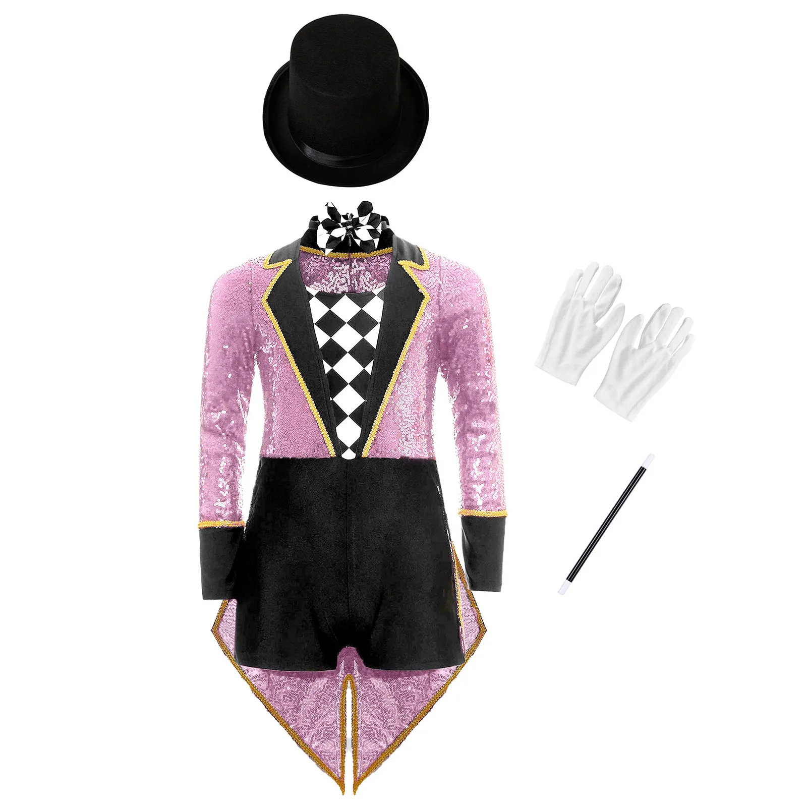 

Boys Girls Halloween Circus Magician Cosplay Costume Set Long Sleeve Sequin Checkerboard Tailcoat Bodysuit and Hat Gloves Outfit