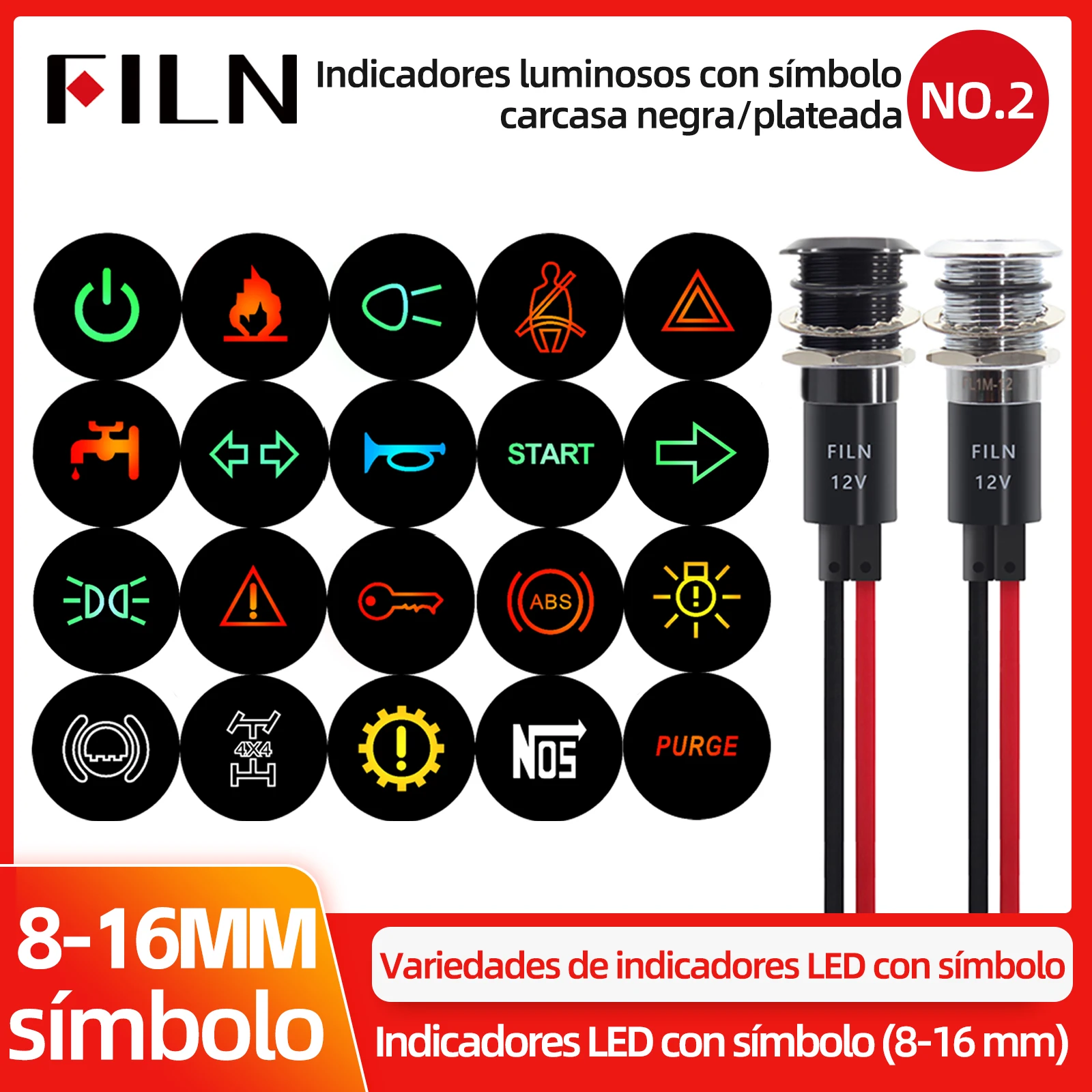 FILN 12V Led Pilot Light Metal Indicator 8mm 10mm 12mm 14mm 16mm 19mm with Wire Symbol for Car Dashboard Truck Dash Construction