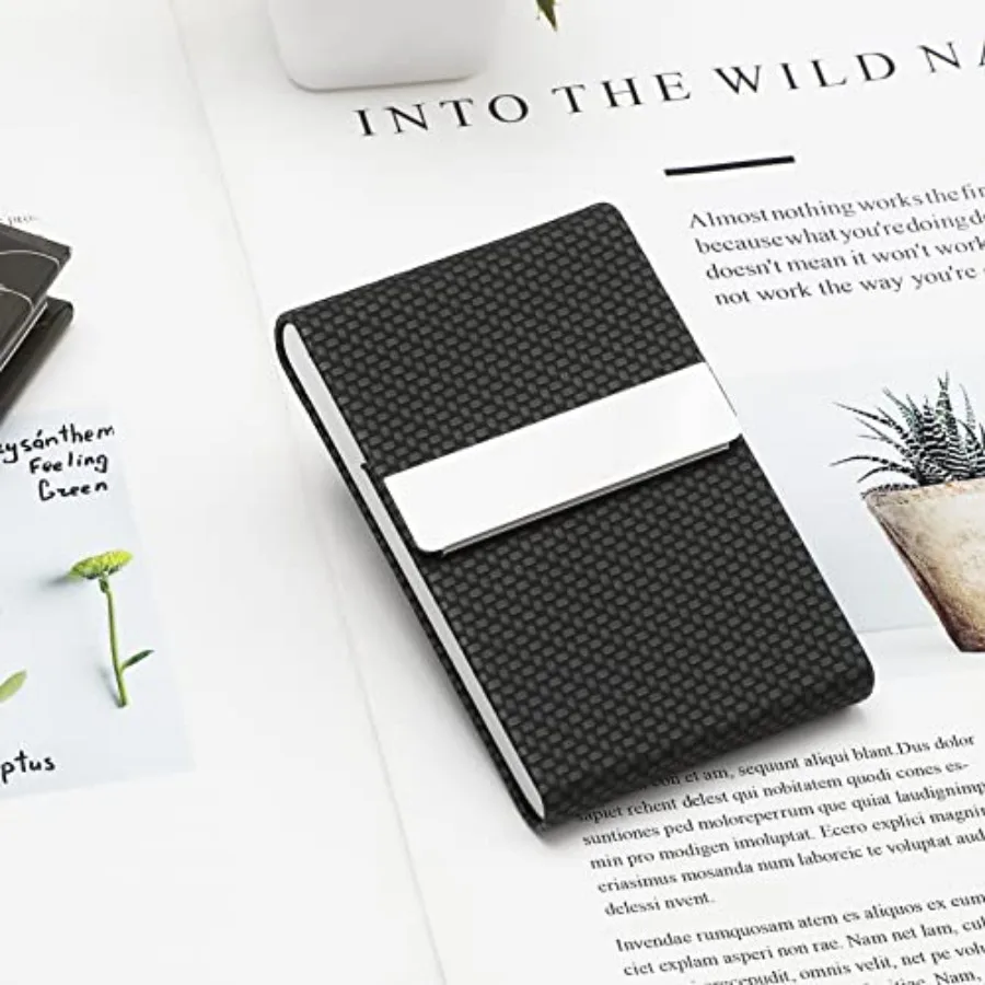 Business Card Holder, PU Leather Business Card Case, Stainless Steel Interior, Magnetic Closure, RFID Blocking, Holds 15 25 Sta