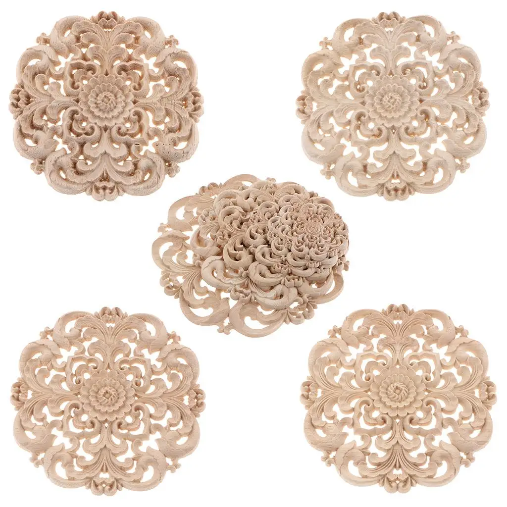 6Pcs 10cm Wood Carved Circle Applique Not Painted Flower Decor for