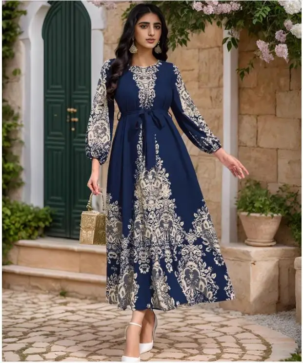 Autumn Blue Middle Eastern Arab Abaya Women's Wear, Muslim Dress, Dubai, Evening Dress