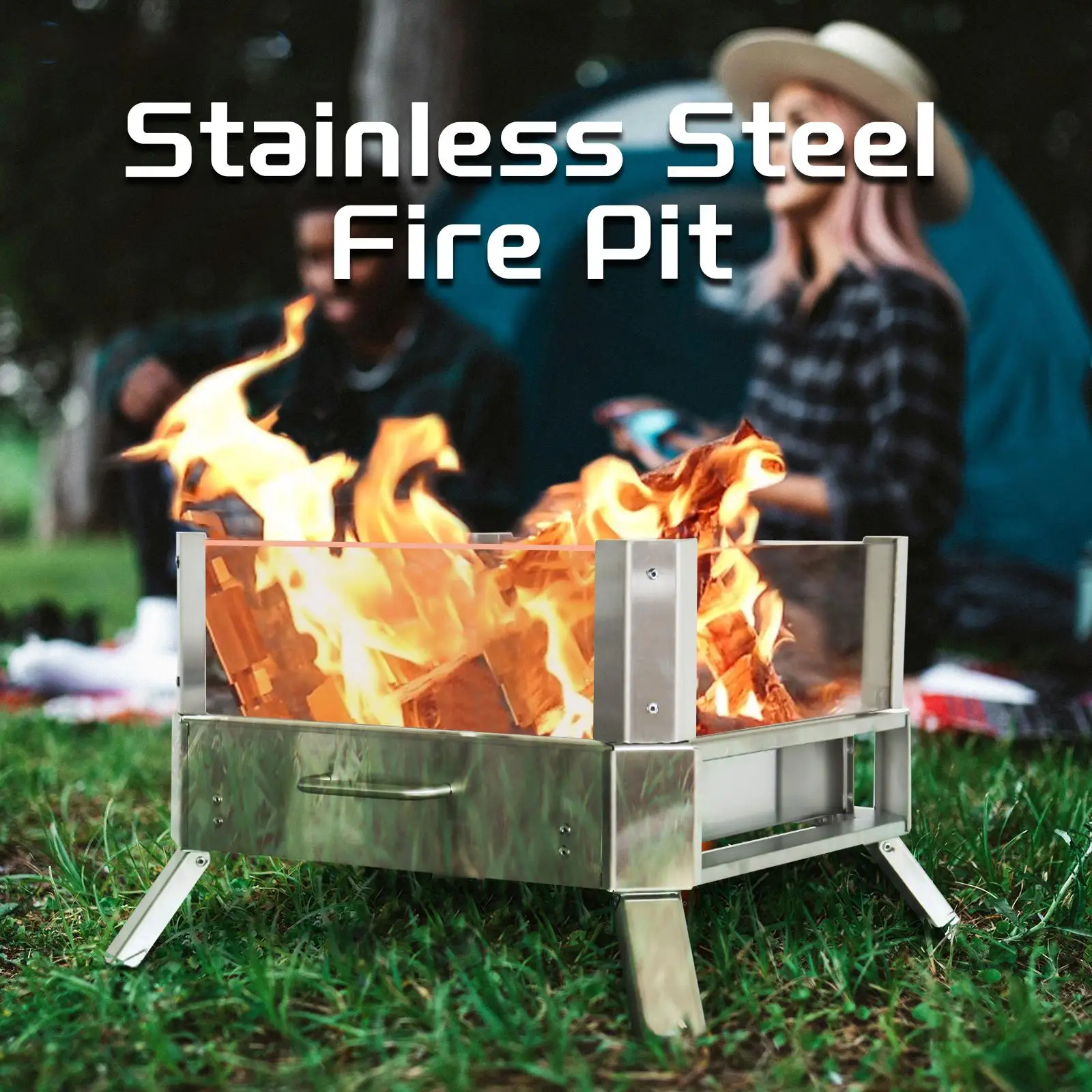 Outdoor Firewood Burner Portable Stainless Steel Stove Foldable Square Fire Pit Wood Burning Heater Glass Furnace Camping Hiking