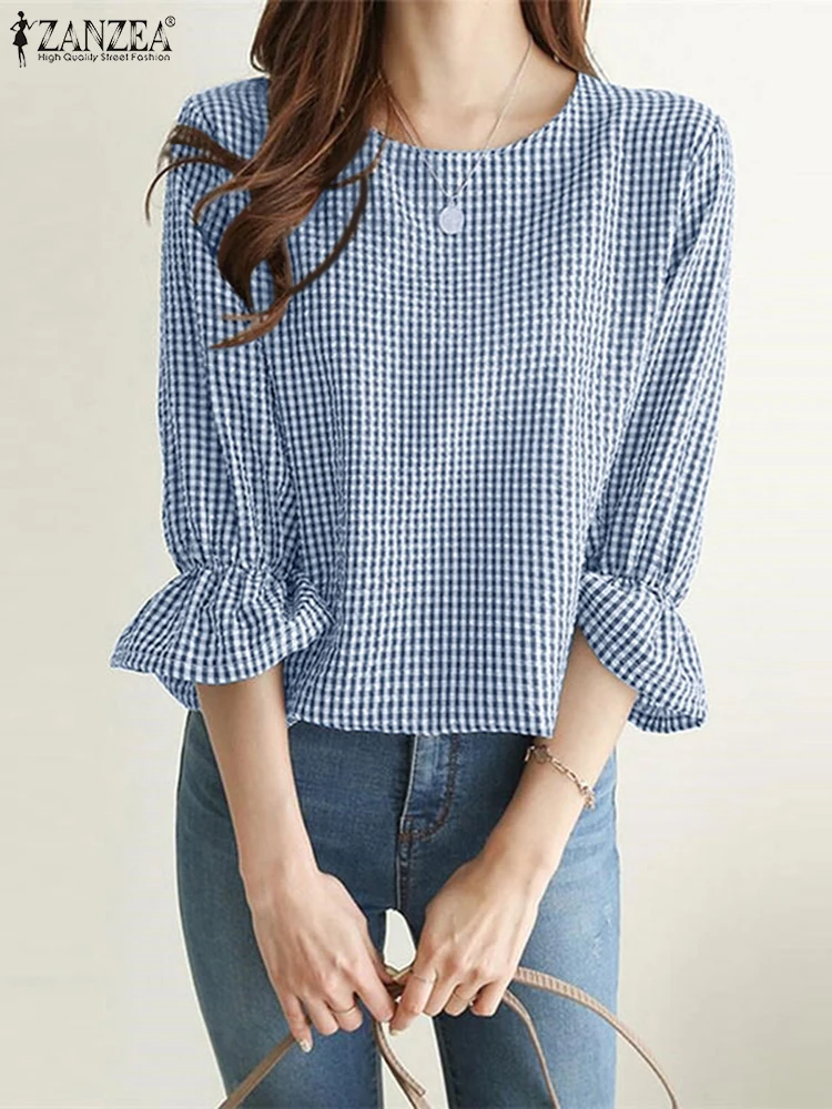 

ZANZEA Elegant Gingham Tunic Tops Woman 3/4 Sleeve O-Neck 2025 Summer Blusas Mujer High-Low Women Vintage Casual Loose Blouses