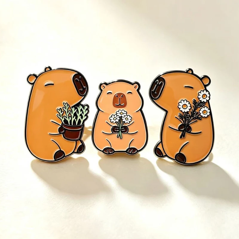 Cute Cartoon Capybara Bouquet Brooch Casual Alloy Enamel Badge Kids Gift Pin DIY Clothing Bag Hat Scarf T-shirt Jeans Decoration