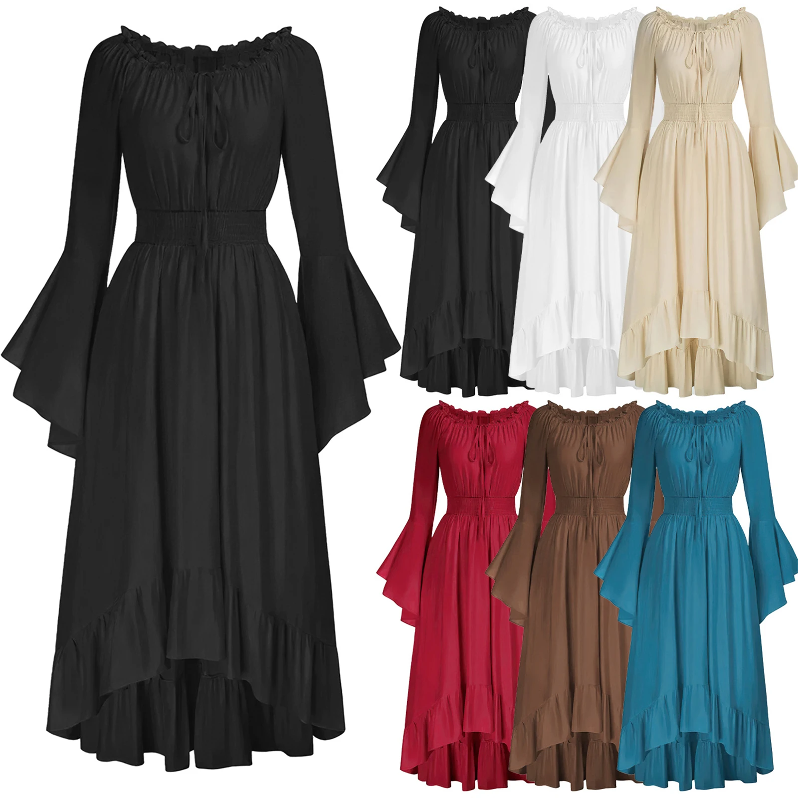 

Women Renaissance Costume Women Off Shoulder Long Bell Sleeve High Low Dress for Halloween Birthday Party