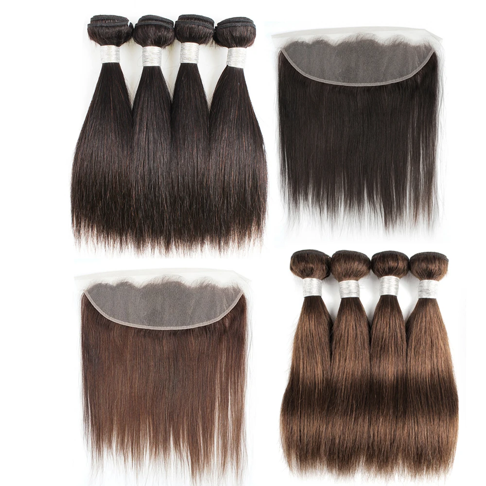 Pacotes de cabelo humano remy reto com frontal, pré-arrancado, preto e marrom, estilo de Bob curto, cabelo mogul, laço transparente, 13x4, 50g por pc