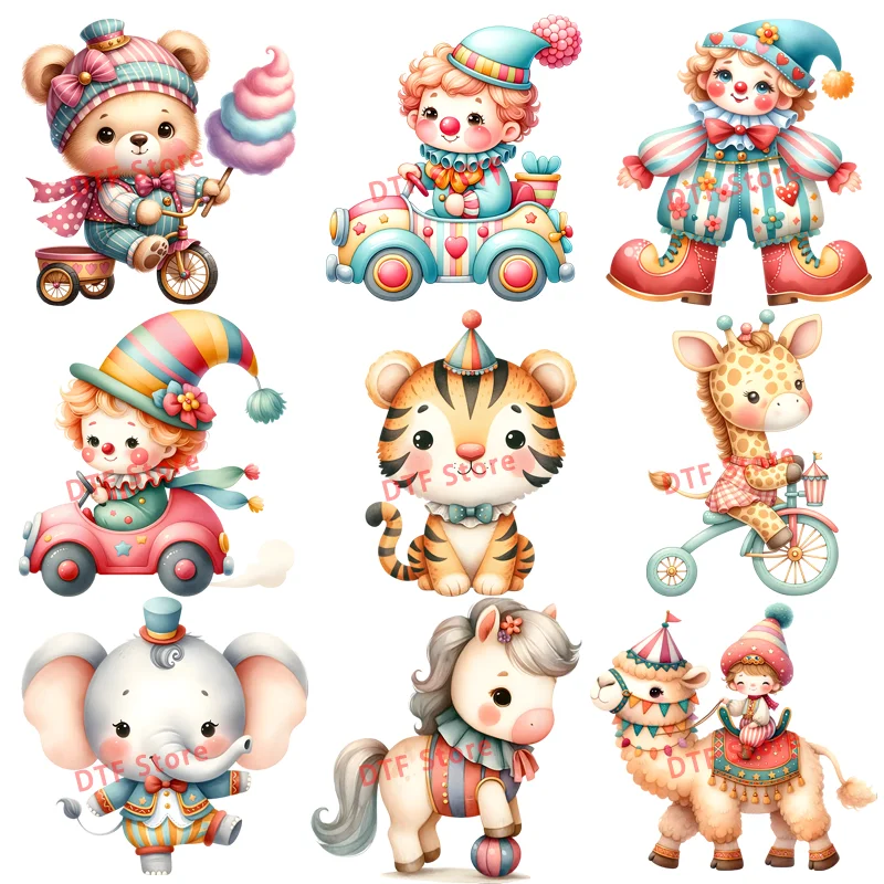 Cute cartoon children's clown circus DTF Heat Transfer Ready To Press For Clothing Iron on Stickers washable Patch