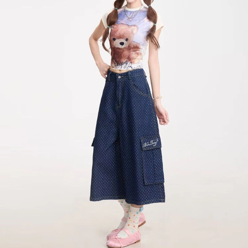 Summer Women's Retro Polka Dot Blue Shorts 90s Cute Girl High Waist Half Trousers Wide Leg Streetwear Female Calf-length Pants