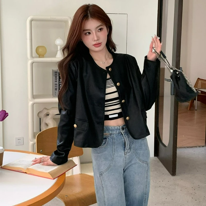 2026 Spring/autumn New Fashion Chic Outerwear Simple Stylish Black Upcycled Leather Motorcycle Single-row Button Coat for Women