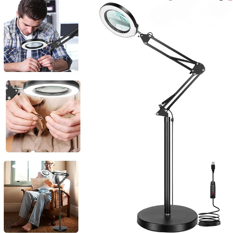 Floor Standing Desk Lamp Magnifying Glass Optical Lens 10X Tattoo Embroidery Reading Style 3-Color Light Adjustment