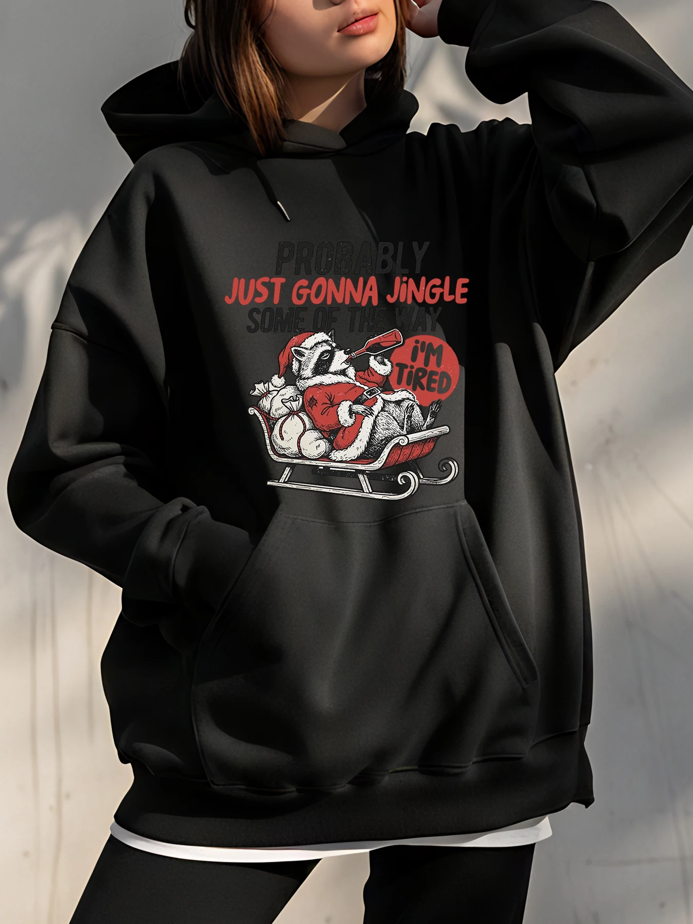 

Рождественская толстовка с капюшоном в виде сани Санта-Клауса с забавным джинглевым текстом и уставленным принтом для женщин, повседневная зимняя одежда