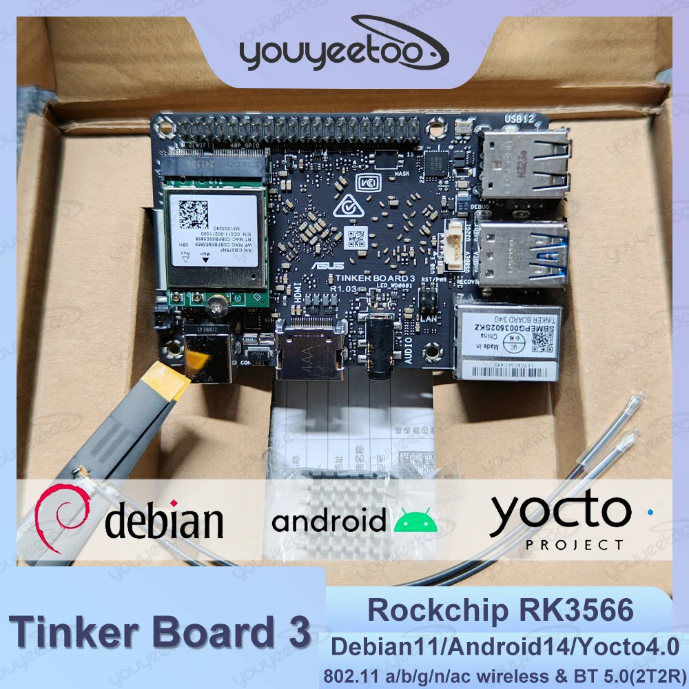 ASUS Tinker Board 3 SBC Quad-core Arm Motherboard 4GB LPDDR4X MIPI-DSI Rockchip RK3566 Development Boards Android 13 Debian 11