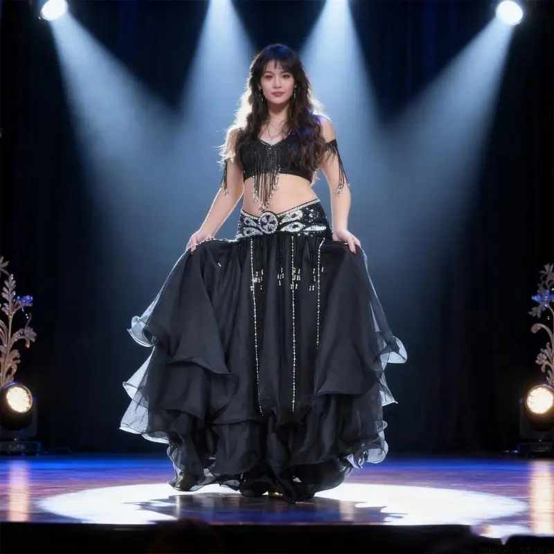 31BF 3 레이어 플레어 극장 의상 스커트 스윕 헴라인 퀵 드라이 통기성 원단