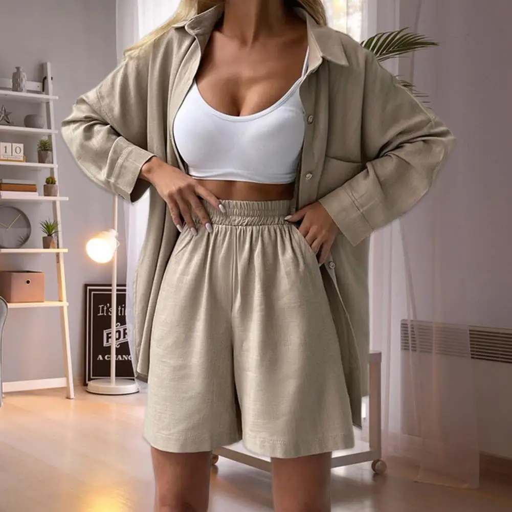 Women Casual Two-piece Set Women's Lapel Collar Blouse High Waist Pants Set Casual Commute Outfit with Long Sleeves for Stylish